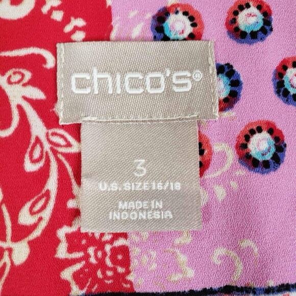 Chicos Shirt Top Size 3 US XL Patchwork Paisley Red Short Sleeve Blouse - Picture 6 of 9